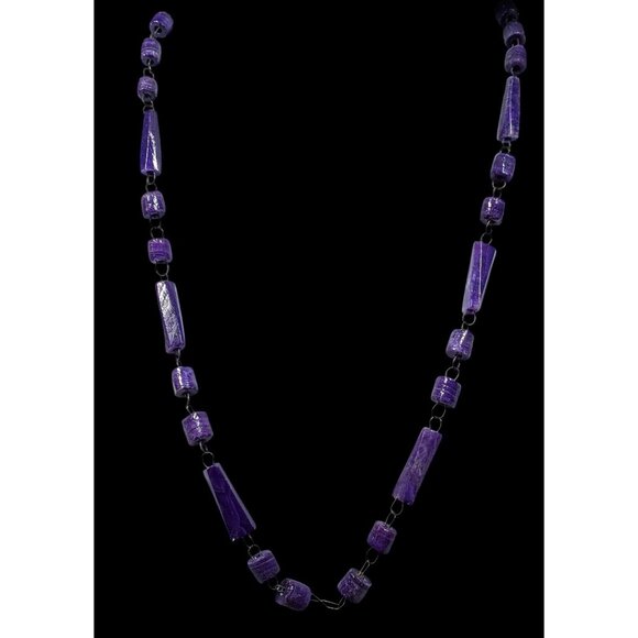 Handmade Rustic Purple Carved Stone Beaded Necklace - Picture 2 of 6